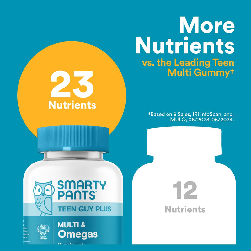 SmartyPants Teen Guy Multivitamin Gummies - Improved Formula: Omega 3 (DHA/EPA), Vitamin D3, C, Vitamin B12, B6, A, K & Zinc, Folate, Gluten Free, Fruit Flavor, 60 Count (30 Day Supply) New Formula - BeesActive Australia