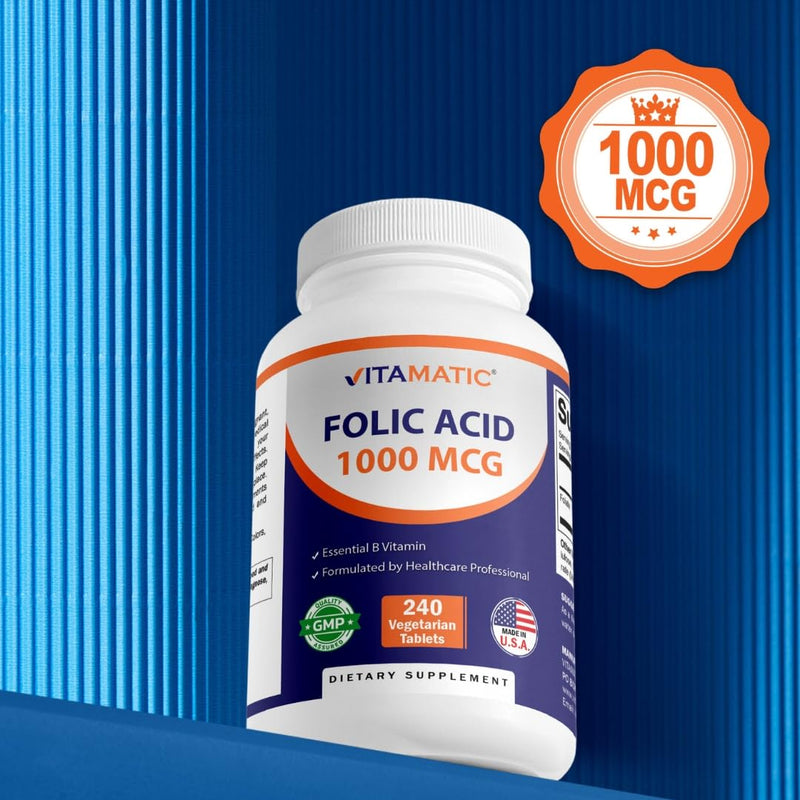Vitamatic Folic Acid 1000 mcg (1 mg), 240 Tablets, 2 Pack | Vegetarian 480 Count (Pack of 1)