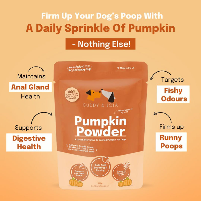 Buddy & Lola 100% Natural Pumpkin Powder For Dogs, Canned Pumpkin Alternative, High Fibre Supplement, Easy To Use Puree For Dogs UK 120g