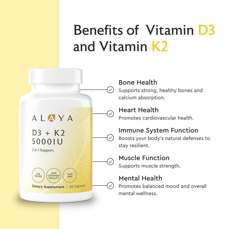 Alaya Vitamin D3 K2 5000IU with MK-7 for Bone & Immune Support 60 Capsules