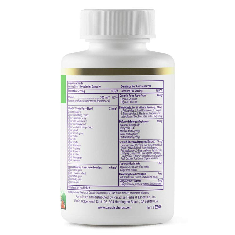 Paradise Herbs Essentials Earth's Blend Vitamin C, 90 Veg Capsules | Nature's C with adaptogens, superfoods, probiotics, organic alkalizing greens, vegetarian dietary supplement 90 Count (Pack of 1)
