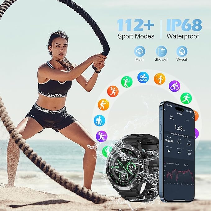 Smart Watch for Men Women, 2025 New Fitness Tracker 1.39" HD SmartWatch with 112+ Sport Modes,Heart Rate,Sleep Monitor,Pedometer,IP68 Waterproof Outdoor Smartwatch for Android iOS,Black