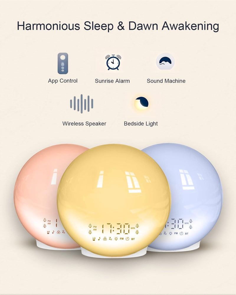 Sunrise Alarm Clock, Digital Alarm Clock Wake Up Light Dual Alarms an with Radio, Brightness Adjustable Night Light Sunrise/Sunset Simulation 7 Natural Sounds Colorful Lamp FM Radio USB Charger Port White - BeesActive Australia