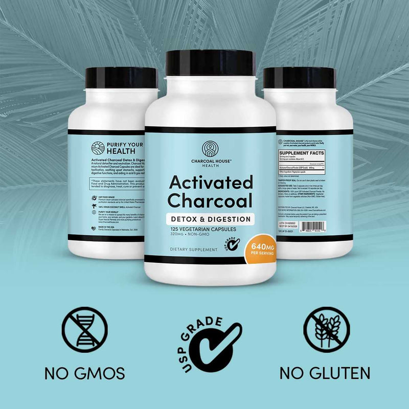 Activated Charcoal Capsules 125 Vegetarian Capsules 320mg - Vegan 100% Pure Coconut Shell Charcoal No Filler 300