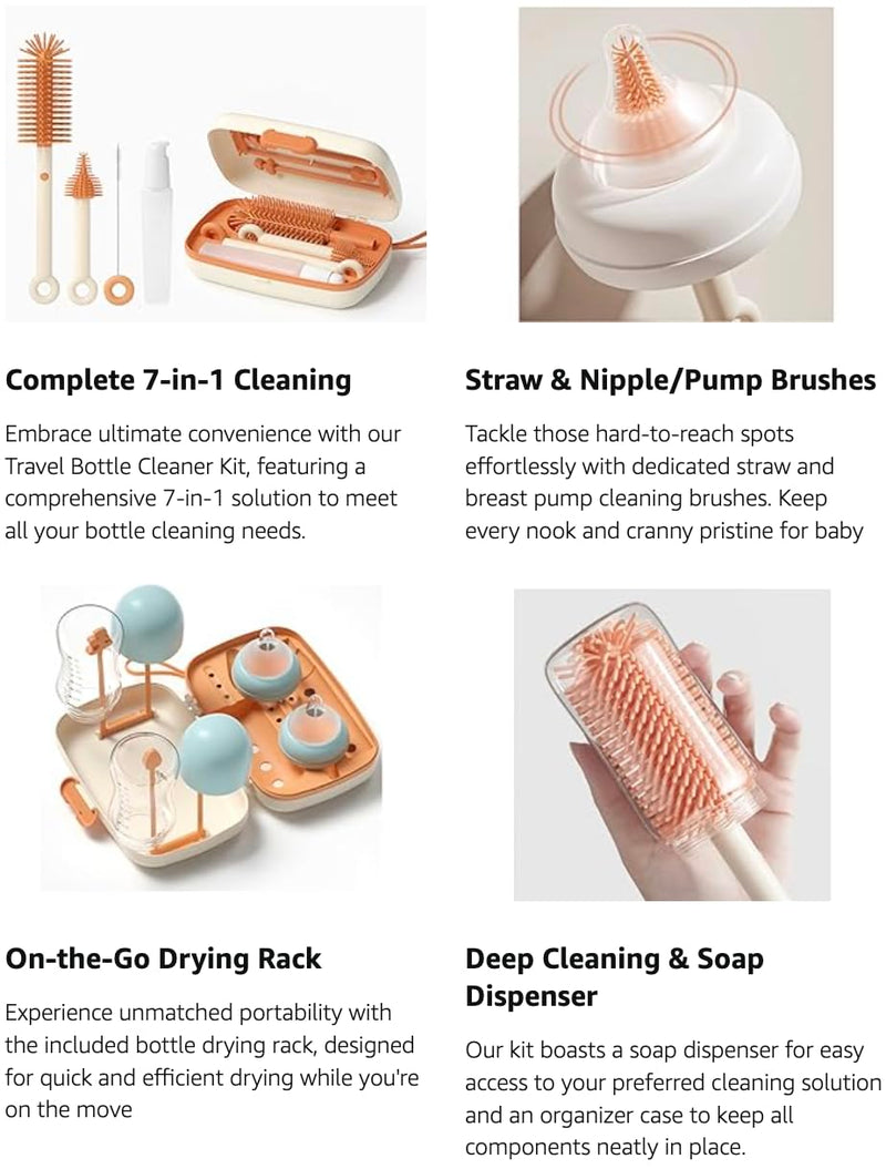 Travel Bottle Cleaner kit, 7in1 Baby Travel Essential Silicone Travel Bottle Brush Set, Nipple, Drying Rack, Straw, & Breast Pump Cleaning, Soap Dispenser & Organizer Case, Gift for Mom (White) White - BeesActive Australia
