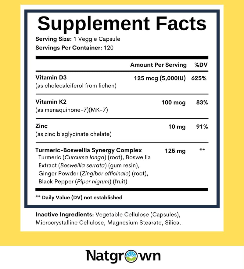 Natgrown Vitamin D3 K2 with Zinc - D3 5000 IU & K2 MK7 100 mcg - 120 Ct | Plant Based Supplement for Bone and Immune Support, Vegan, Gluten-Free