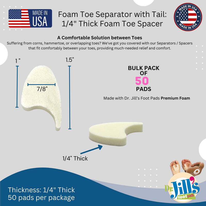 Dr. Jill's Foot Pads, YJ44-9070, Toe Separator Pad 1/4" Foam (50 Pack) with Tail