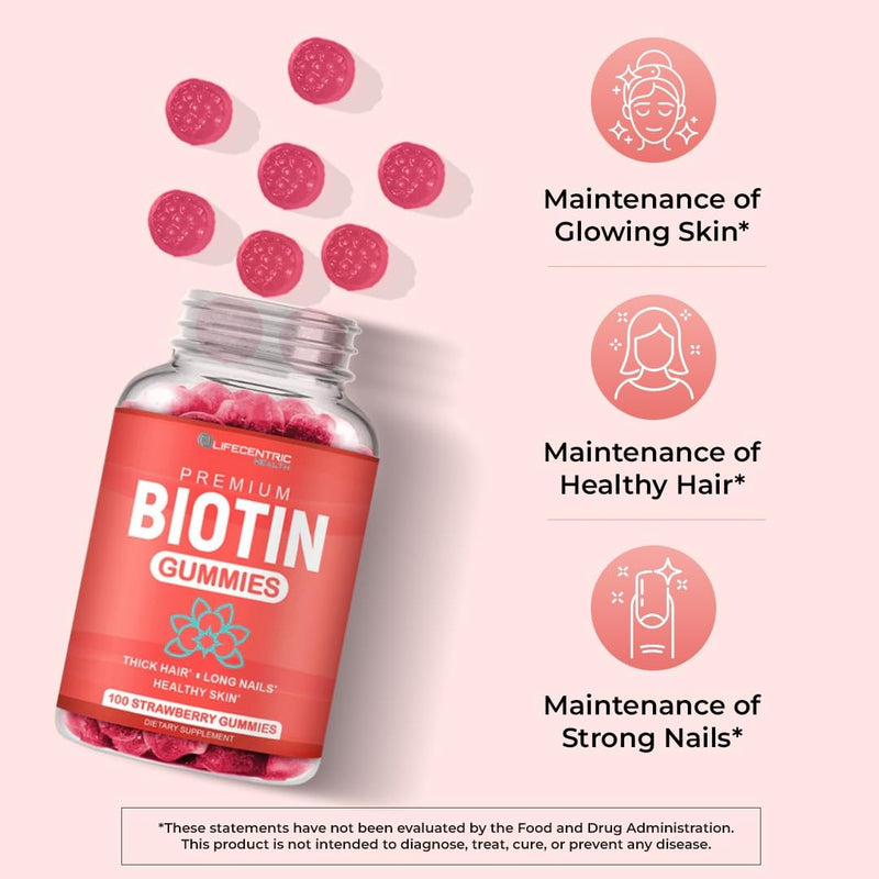 LifeCentric Health Biotin Gummies for Adults | Max Strength Biotin 10000mcg | Chewable Biotin Supplement for Women and Men | 100 Count Vegan Hair Gummies for Hair Skin and Nails