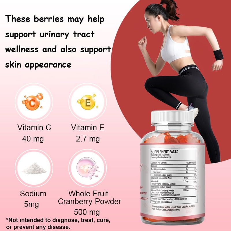 Cranberry Gummies for Women, Urinary Tract Support, 60 Count | Cranberry supplement gummies with vitamin C and E, vegan and non-GMO, for daily urinary tract wellness