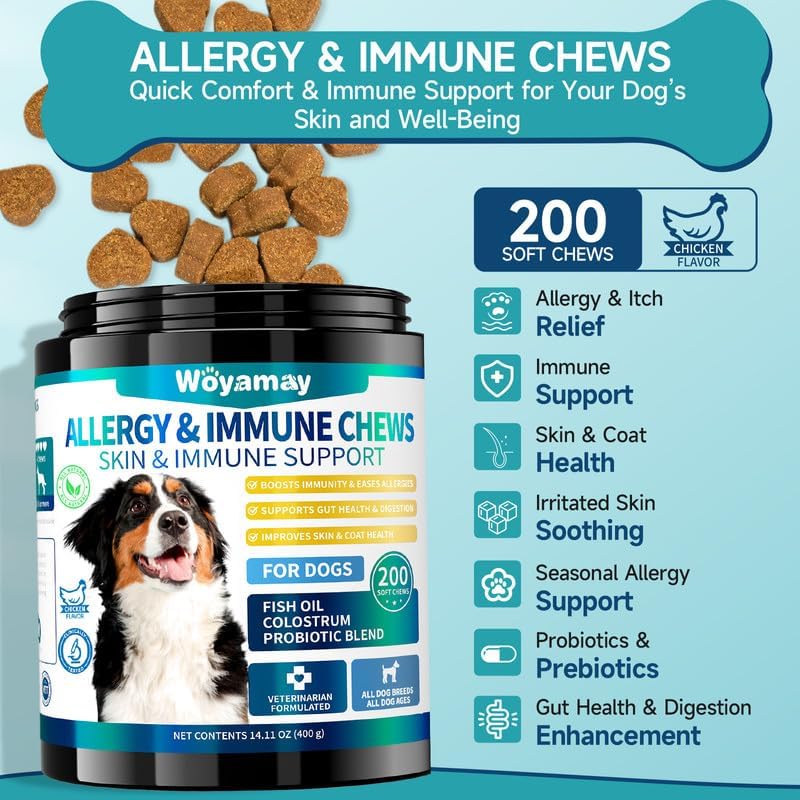 Dog Allergy Chews for Dog Itching Skin Relief, 200 Dog Allergy Relief Treats with Probiotics for Dogs, Immune Support & Skin Relief for Seasonal Allergies, Gut & Digestive Health, Chicken Flavor