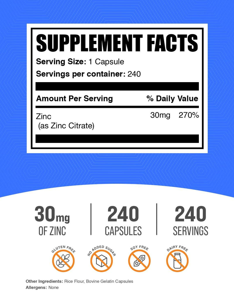 BulkSupplements.com Zinc Citrate Capsules - Zinc Supplements, Gluten Free - 30mg per Serving, 1 Capsule per Serving, 240 Count (Pack of 1) 240 Count (Pack of 1)