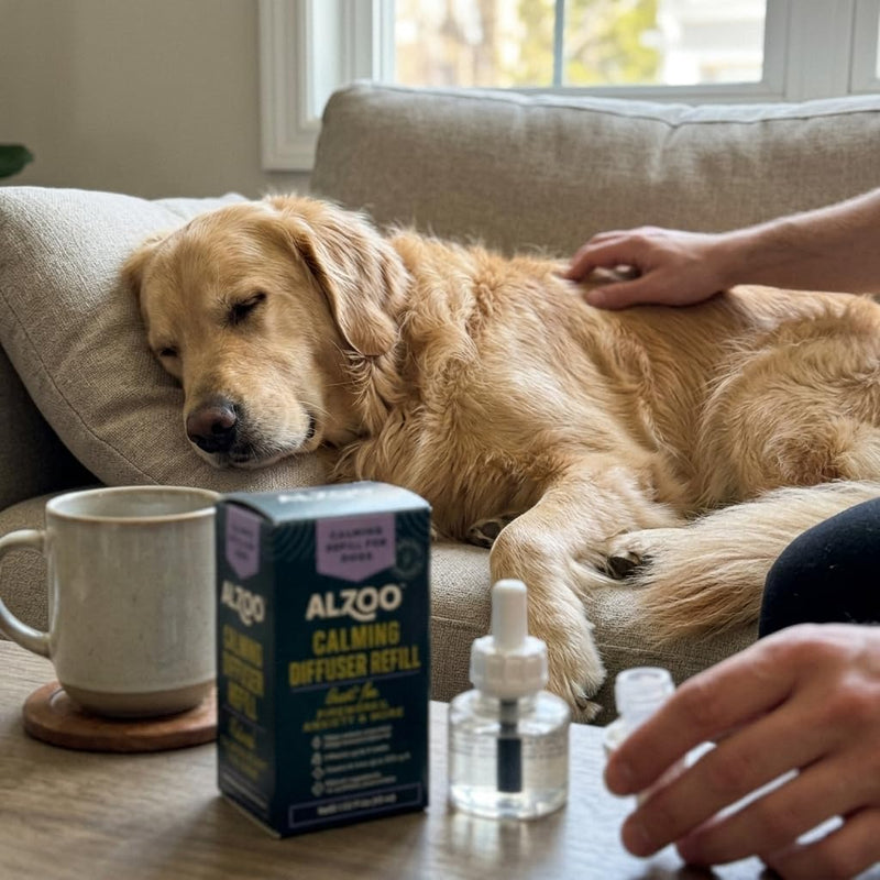 ALZOO Dog Calming Diffuser Refill - Anxiety & Stress Relief for Dogs, Made with All Valerian & Lavadin, Covers 500 Sq Ft, No Synthetic Pheromones, 4-Week Supply, Includes 1 Refill