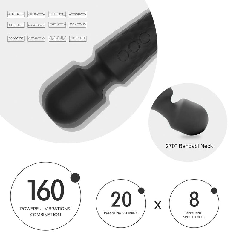 Female Vibrator, G-Spot & Sex Toy, 20 Modes & 8 Speeds Wand Massager, Quiet, Waterproof, USB Rechargeable Vibrator, Hand-Held Cordless Sex Toys Vibrator for Her Pleasure, Female Adult Toy (Black) Black - BeesActive Australia