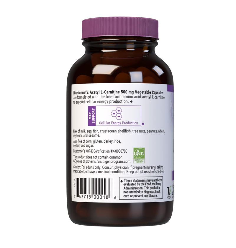 Bluebonnet Acetyl L-Carnitine 500 mg Vitamin Capsules, 60 Count | Vegan, Kosher Certified, Gluten-Free, Soy-Free 60 Count (Pack of 1)