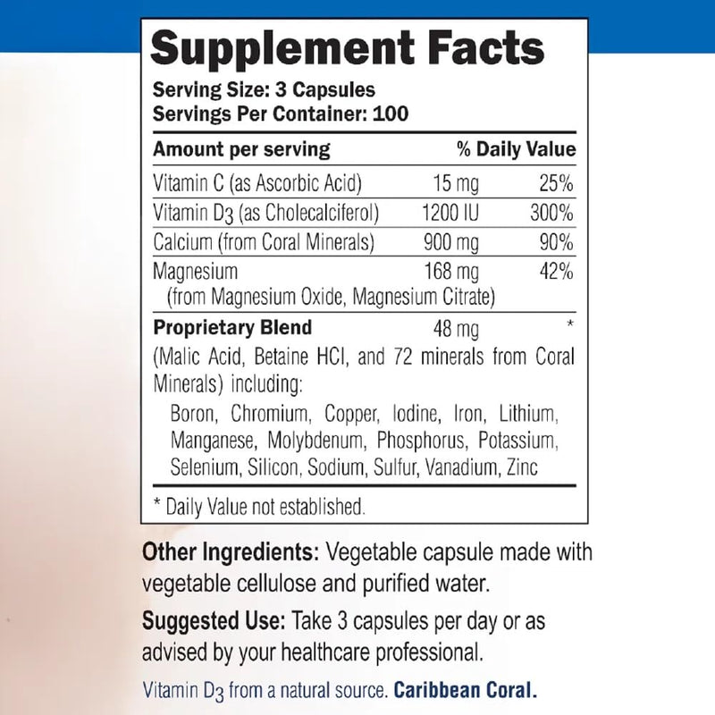 Coral Complex 3 Natural Calcium Supplement, 90 Vegetarian Capsules | Vitamin D3 & Magnesium, Ancient Seabed Coral, 72 Trace Minerals, Bone Health Support 90 Count (Pack of 1)