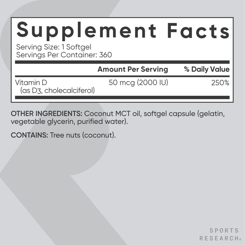 Sports Research Vitamin D3 2000 IU with Coconut MCT Oil - Double Strength Vitamin D Supplement - Non-GMO Verified, Gluten & Soy Free ‚Äì 50mcg, 360 Liquid Softgels 360 Count (Pack of 1) D3 (2,000 IU) - BeesActive Australia