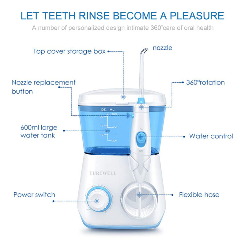 TUREWELL Water Flossing Oral Irrigator, 600ML Dental Cleaner 10 Adjustable Pressure, Electric Oral Flosser for Teeth/Braces, 8 Replacement Jet Tips for Family (White) White - BeesActive Australia