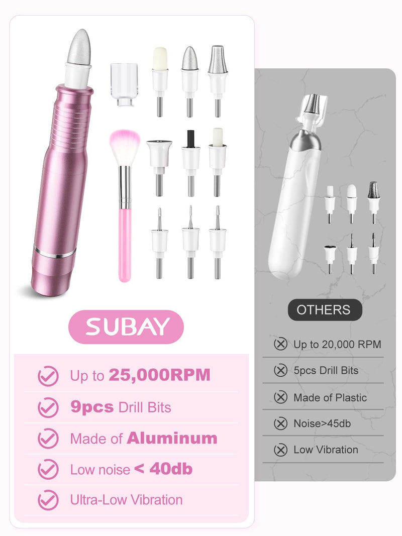 Subay Professional Manicure Pedicure Kit, Electric Nail Drill Set with LED Display, 25000RPM, 11-Piece Attachments Plus 20 Sanding Bands, Nail Grinder Tool for Women Men Baby Pets, with Dust Brush 1.pink - BeesActive Australia