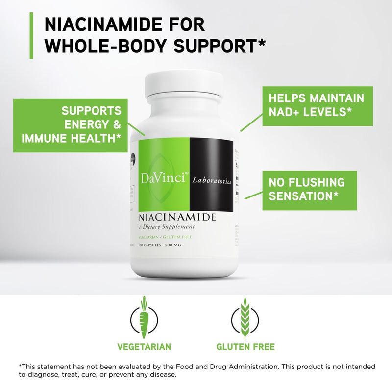 Davinci Labs Niacinamide - Dietary Supplement with Vitamin B3 to Support Fat Metabolism, Circulation and Healthy Skin* - with 500 mg Niacinamide per Serving - Gluten-Free - 100 Vegetarian Capsules