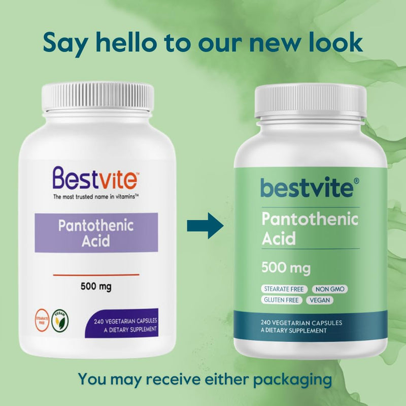 BESTVITE Pantothenic Acid 500mg (Vitamin B5) (240 Veg Caps) - No Stearates | Vegan - Non GMO - Gluten Free - Supports Cellular Energy* 240 Count (Pack of 1)