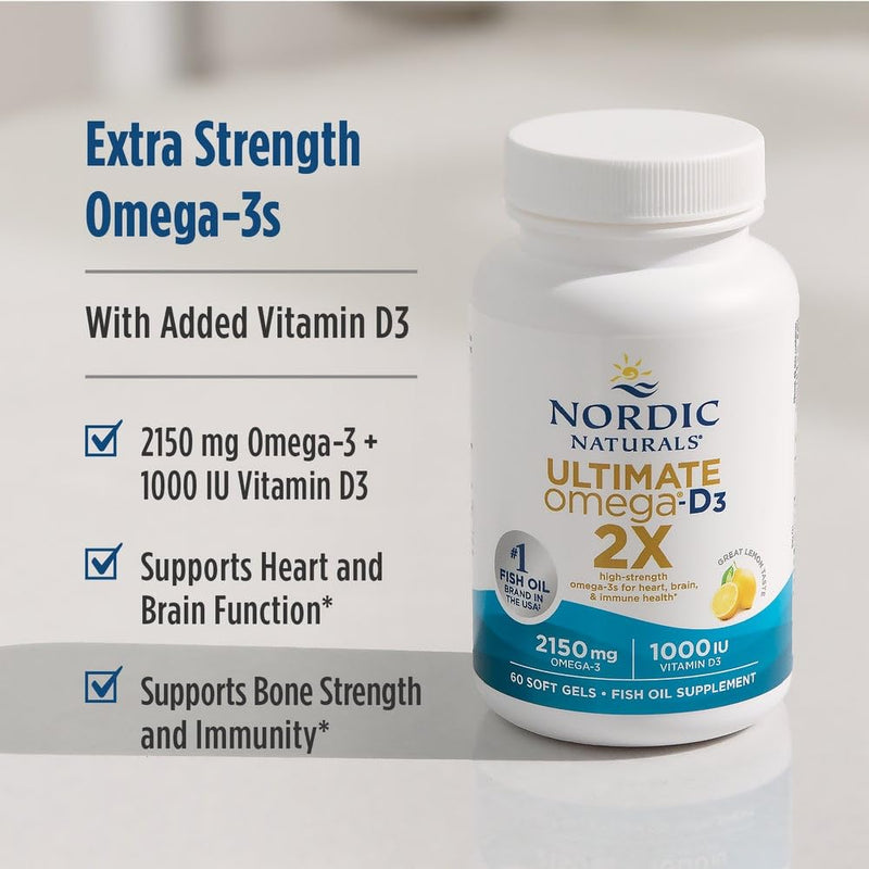 Nordic Naturals Ultimate Omega 2X w/Vitamin D3, 2150mg EPA+DHA - 60 Count | Omega-3 + vitamin D3 in one. 2150mg EPA+DHA + 1000 IU D3 for heart, brain & immune health. Lemon flavor, 60ct, 30 servings 60 Count (Pack of 1)