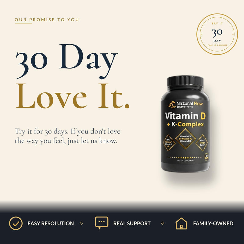 Natural Flow Vitamin D3 with K2 Complex, 5000 IU, 60 Capsules | Full K-Complex (K1, MK-4, MK-7) + FOS — Bone, Heart & Immune Support — Vegetarian, USA Made