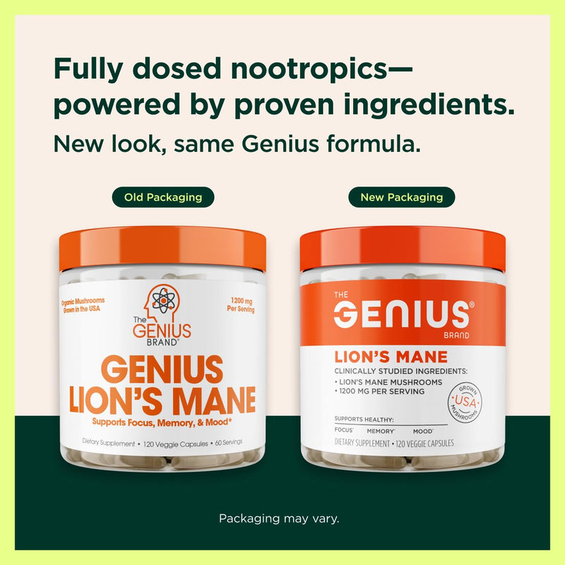 The Genius Brand Genius Lion's Mane - Plant-Based Supplement for Memory, Focus & Mood Support - Organic & Non-GMO - 120 Veggie Capsules 120 Count (Pack of 1)