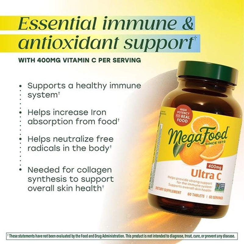 MegaFood Ultra C 400 mg, Vitamin C Immune Support Supplement, 60 Tablets | Essential Immune and Antioxidant Support, Supports Overall Skin Health, Made with Real Food, Non-GMO, Vegan, 60 Servings 60 Count (Pack of 1)