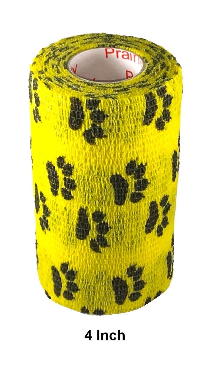 Vet Wrap Wrap Tape (Yellow with Paw Prints) (2 Pack) (2 Inch x 15 feet) Self Adhesive Adherent Adhering Cohesive Flex Self Stick Bandage Grip Roll Dog Cat Pet Horse 2 Inch 2 PACK Yellow With Black Paws - BeesActive Australia