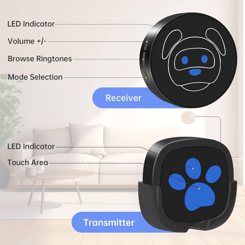 Dog Door Bell for Potty Training, Wireless Dog Doorbell Ring to Go Outside, IP65 Waterproof Touch Button, 50 Melodies & 1000 Feet Range Black 1 Reciever 1 Transmitter - BeesActive Australia