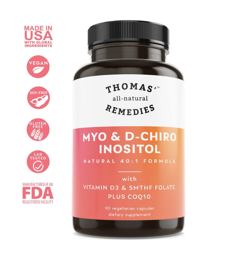 Toms Remedies Myo Inositol Supplement & D-Chiro Inositol Blend Supplement | With Folate and Vitamin D3, 40 to 1 Ratio, No Fillers, CoQ10, 90 Vegan Capsules
