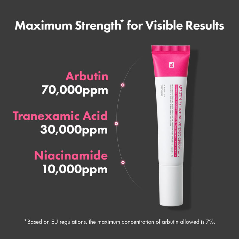 TOSOWOONG Arbutin 7% Intensive Spot Cream with 70,000ppm Arbutin, 3% Tranexamic Acid, 1% Niacinamide, Glutathione, Dark Spots, freckle, Blemishes, Anti-pigmentation, Korean Skin Care, 20ml, 0.67 fl.oz