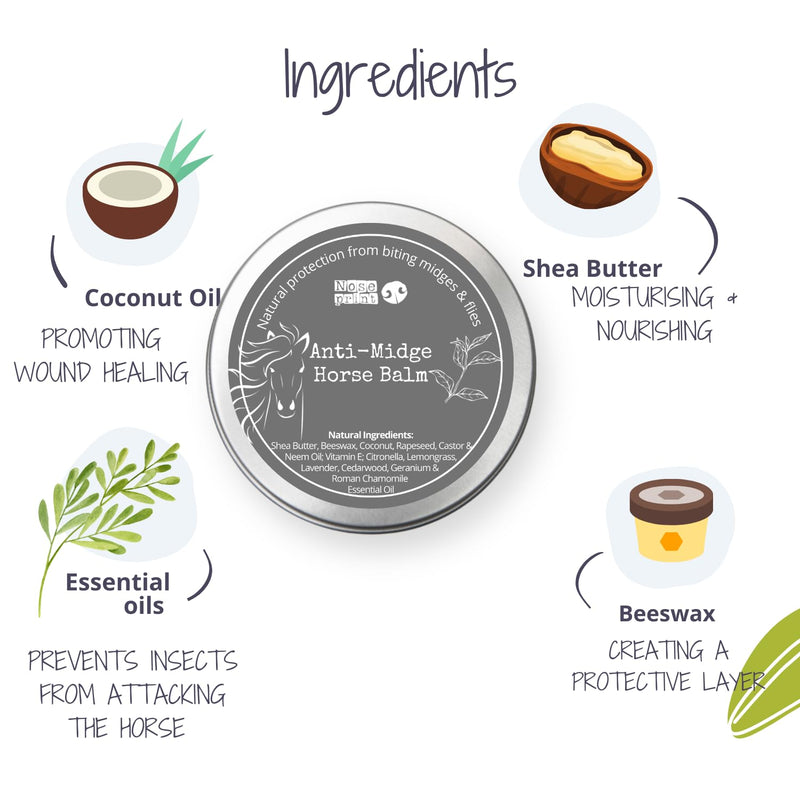 Anti-Midge Horse Balm, 100ml, Natural Repellent with Shea Butter, Beeswax, Coconut Oil, Neem Oil, Citronella, Lemongrass, Lavender, Cedarwood