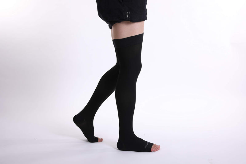 Doc Miller Thigh High Open Toe Compression Stockings 15-20mmHg Large Black