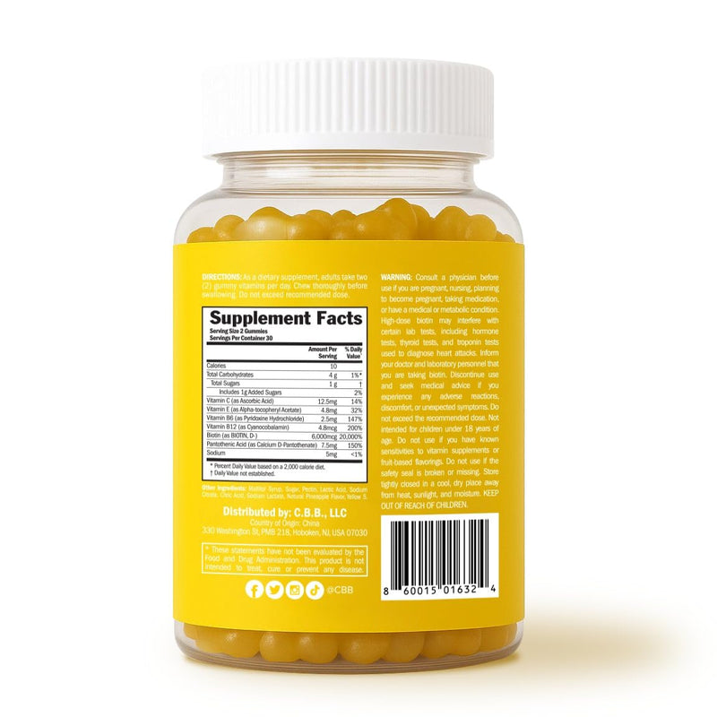 Curvy Body Bears BiotinBears Extra Strength Biotin Gummies | Hair Skin & Nails Support | with Vitamins C, E, B6 & B12 | Pineapple Flavor | 60 Vegan Gummies