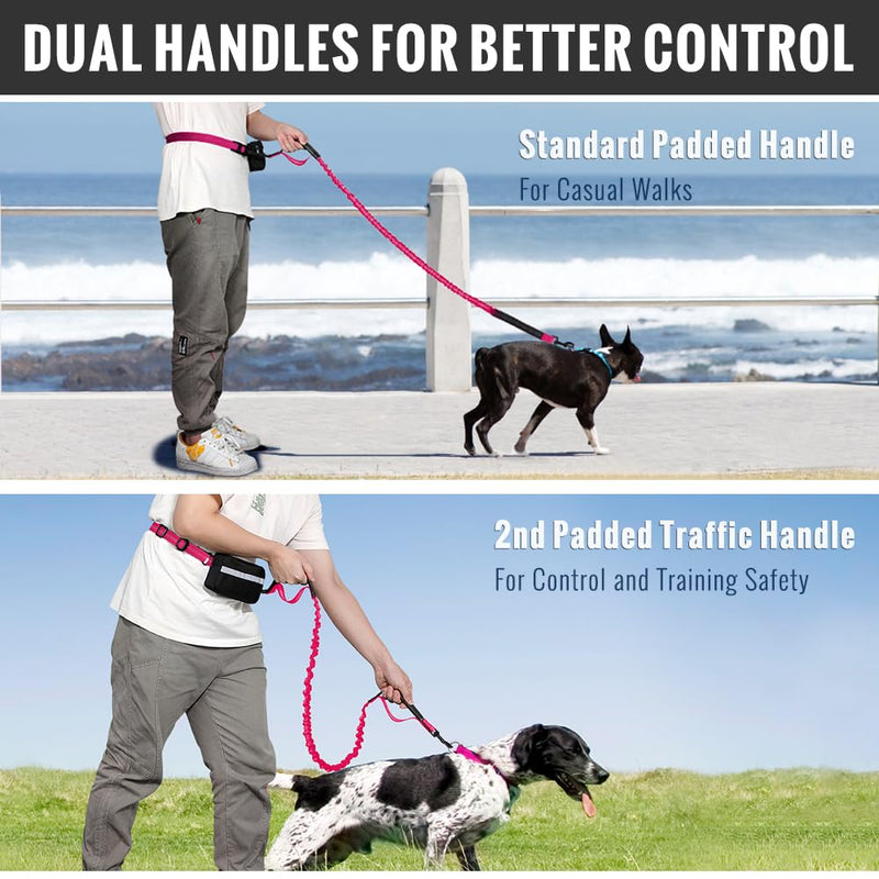 Plutus Pet Hands Free Dog Leash, Soft Padded Dual Handle Retractable Bungee Leash with Reflective Stitches, Adjustable Wasit Leash for Dog Walking Running Jogging, for Medium Large Dogs New Hot Pink - BeesActive Australia