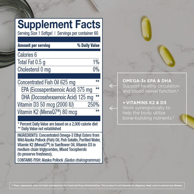 Wiley's Finest Wild Alaskan Fish Oil Vitamin K2 & D3 Softgels - 500mg of EPA and DHA Omega-3s for Bone and Heart Health Support - 60 Softgels (60 Servings) 60 Count (Pack of 1) - BeesActive Australia
