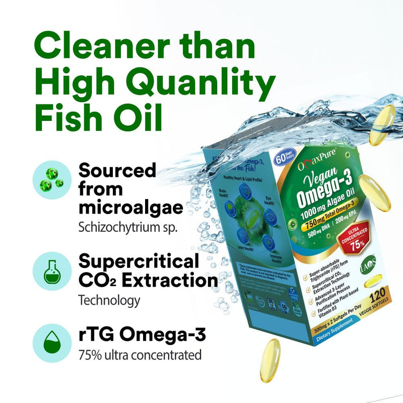LABO Nutrition OmaxPure Vegan Omega-3 Algae Oil IAOS EPA DHA 120 softgels | IAOS certified 750mg omega-3 from 1000mg algae oil, for heart, brain & eye health, up to 60 days' supply