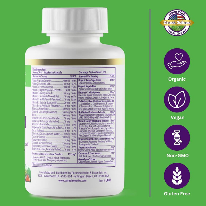 Paradise Herbs Earth's Blend Once Daily Multivitamin No Iron 120 | Dietary supplement with 48 organic superfoods, probiotics, antioxidants, vitamins A B12 C D and K2, vegetarian tablets. 120 Count (Pack of 1)