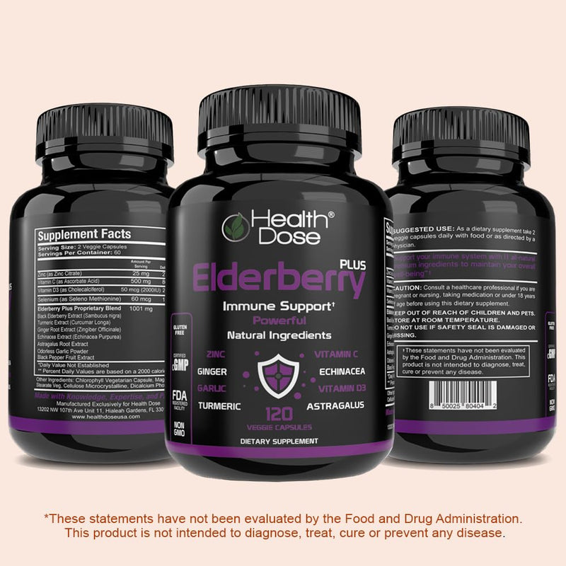 Health Dose Elderberry Plus Capsules – Immune Support Supplement with Vitamins C, D3, Zinc, Selenium & 11 Ingredients for Year-Round Wellness – 120 Veggie Capsules, 2-Month Supply 1