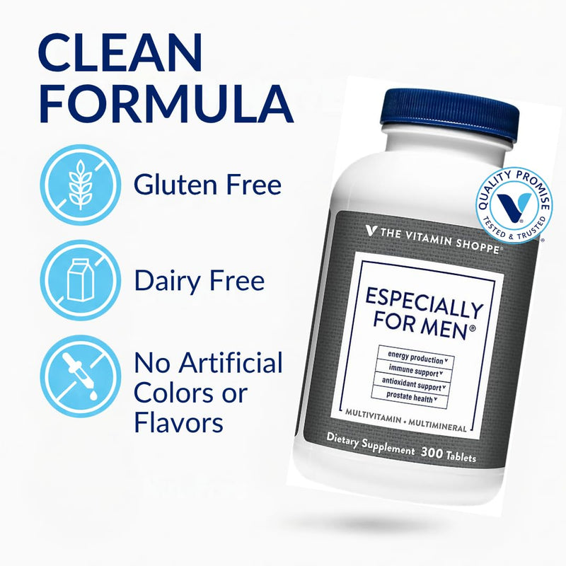 The Vitamin Shoppe Brand Men's Multivitamin, Energy Support, 300 Tablets | Complete Daily Multi With Essential Vitamins & Minerals for Men’s Health, Energy Production & Wellness Support, Gluten Free 300 Count (Pack of 1)