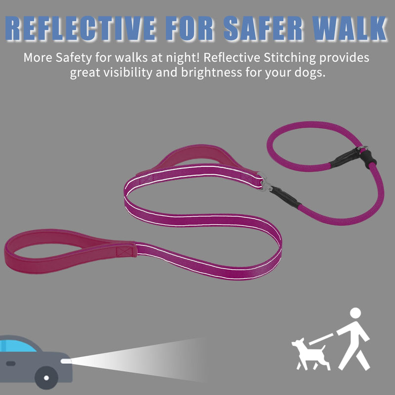 Slip Lead Dog Leash with Double Handle, Reflective Dog Training Leash [360° Swivel Anti-tangle] Heavy Duty Nylon Slip Leash and Collar for Large Medium Small Dogs No Pull Walking 5FT Hot Pink - BeesActive Australia