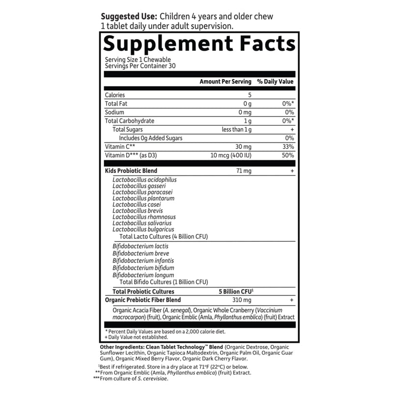 Garden of Life Dr. Formulated Probiotics for Kids, Organic Kids+ - Berry Cherry, 5 Billion CFU Chewable Probiotic plus Vitamin C and D, Dairy Free Immune Digestive Health Supplement, 30 Chewables 30ct Refrigerated (Pack of 1)