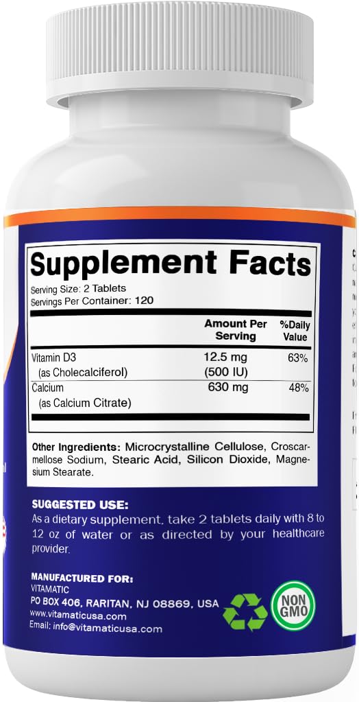 Vitamatic Calcium Citrate with Vitamin D3 – 240 Tablets – High Absorption Calcium Citrate with D3 – Non-GMO, Gluten-Free 240 Count (Pack of 1)