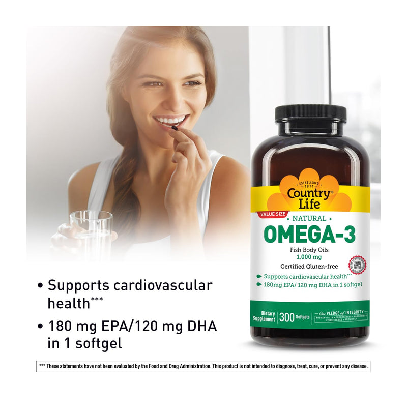 Country Life Omega-3 Fish Oil 1,000 mg, 180 mg EPA/120 mg DHA, 300 Softgels | One daily softgel provides 180 mg EPA and 120 mg DHA to support cardiovascular health. Unflavored 300 Count (Pack of 1)