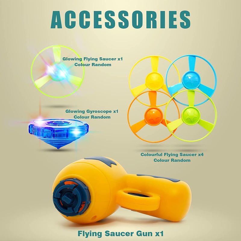 Cat Fetch Toy, Interactive Cat Flying Disc Toy with 1 Light Up Spinning Tops, 1 LED Flying Propellers and 4 Flying Propellers, Cat Track Toy for Cat Training Hunting Chasing (Yellow-2) Yellow-2 - BeesActive Australia