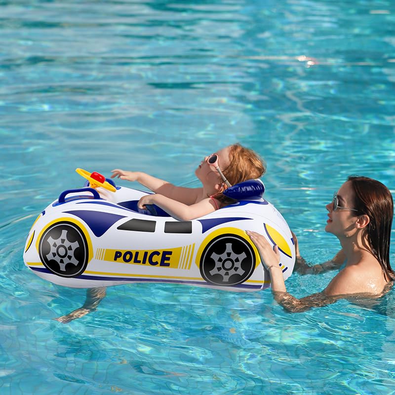 Baby Pool Float for Toddlers 12-48 Months 3D Car Inflatable Swim Float with Steering Wheel Heavy Duty 0.35mm PVC Infant Swim Pool Float Safe No Flip Swimming Toddler Floaties for Boys&Girls1-5 Years Blue&White