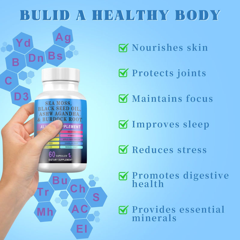 Sea Moss Black Seed Oil Ashwagandha Turmeric Bladderwrack Burdock, Elderberry Manuka Dandelion, Burdock Root Turmeric Vitamin D3 Chlorophyll - 60 Capsules