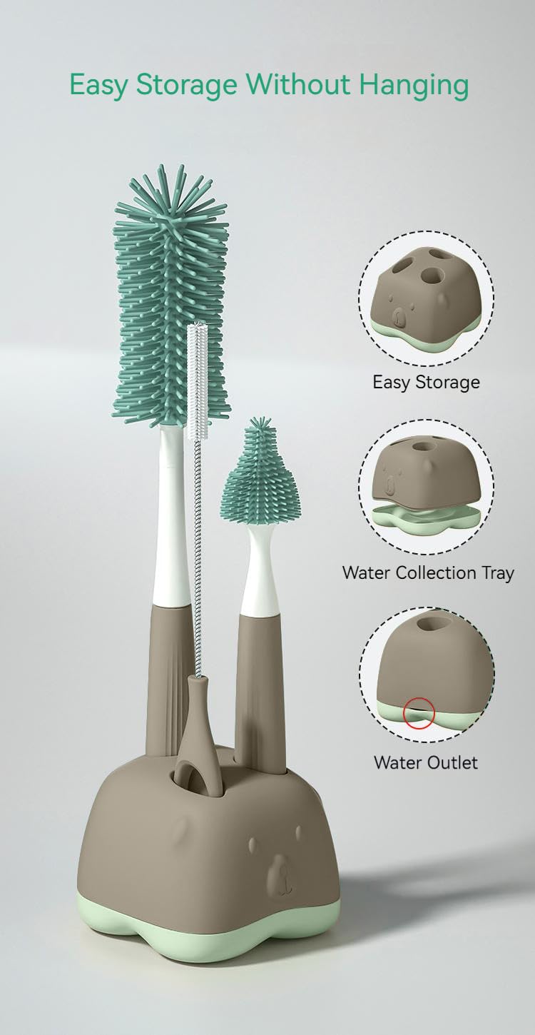 Silicone Bottle Brush Cleaning Set, Gray, Nipple Cleaner, Straw Brush, includes Drying Rack Stand.