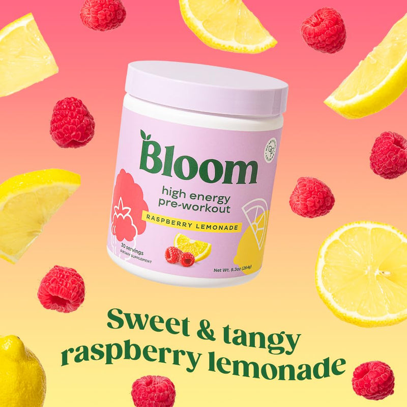 Bloom Nutrition High Energy Pre Workout with Beta Alanine, Ginseng and L Tyrosine for Amino Energy, Natural Caffeine Powder from Green Tea Extract, Keto, Sugar Free Drink Mix, Raspberry Lemonade 30 Servings (Pack of 1)